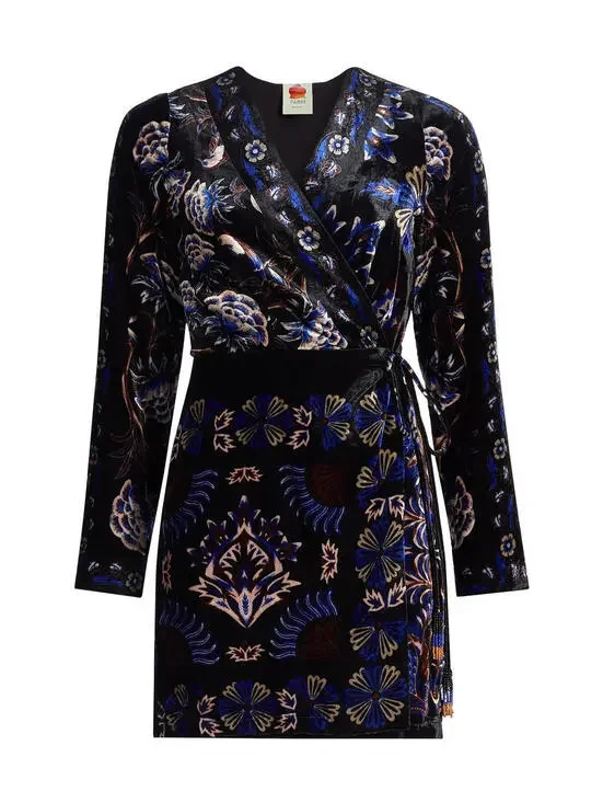 New, Farm Rio Arabesque Mix Scarves Floral Velvet Wrap Minidress Sz L #MD1629 - Picture 1 of 10